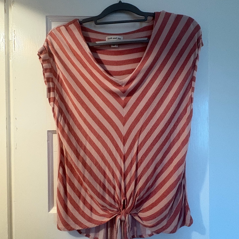 Faith and Joy Diagonal Striped V-Neck Blouse - dusty rose and pale pink